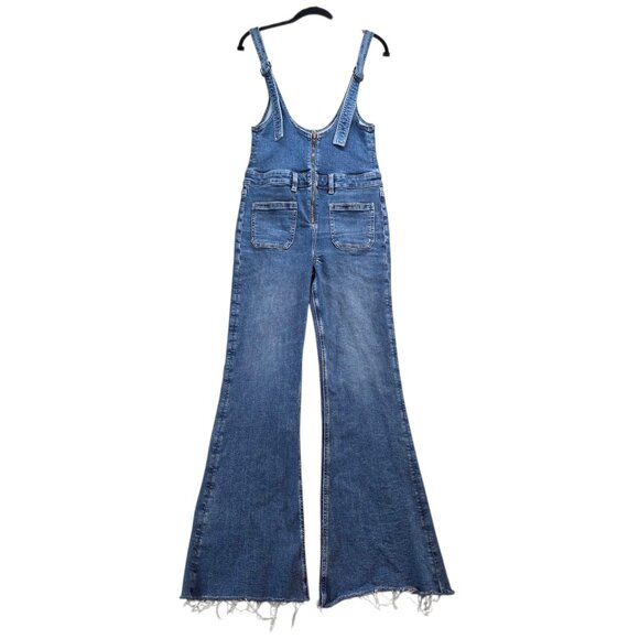 American Eagle Flare Overalls Stretch Denim Adjustable Straps Zip Front Fray Hem - Picture 1 of 12